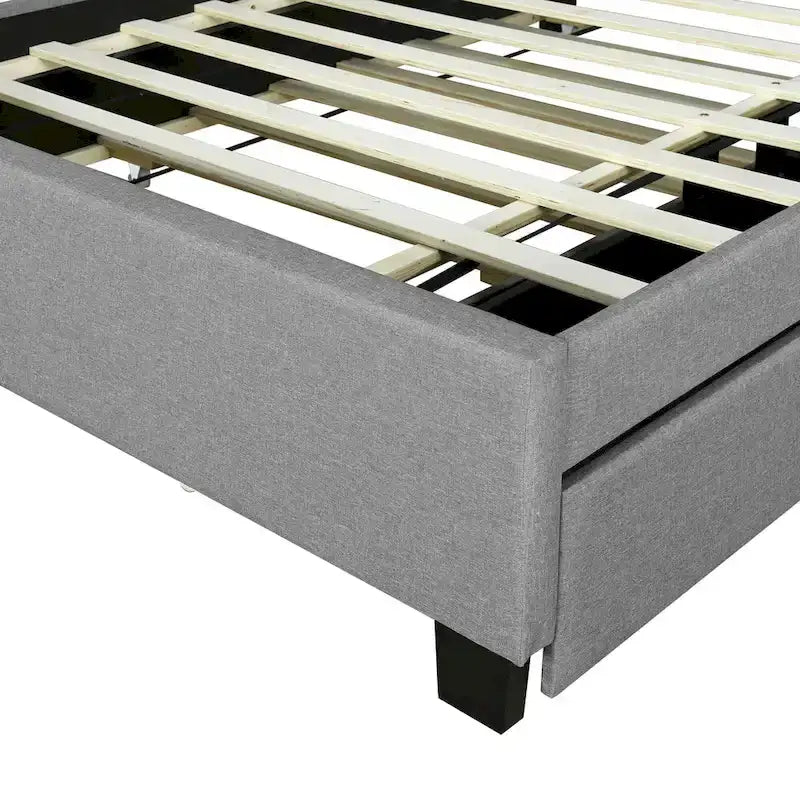 Lit plateforme rembourré avec tête de lit de rangement, gigogne double XL et 2 tiroirs