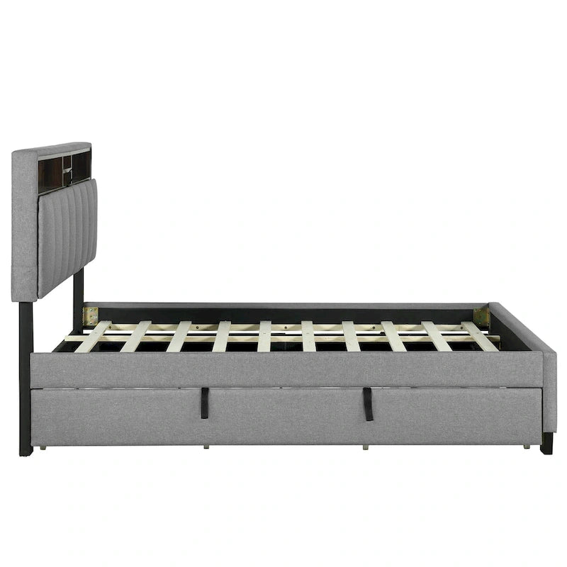 Lit plateforme rembourré avec tête de lit de rangement, gigogne double XL et 2 tiroirs