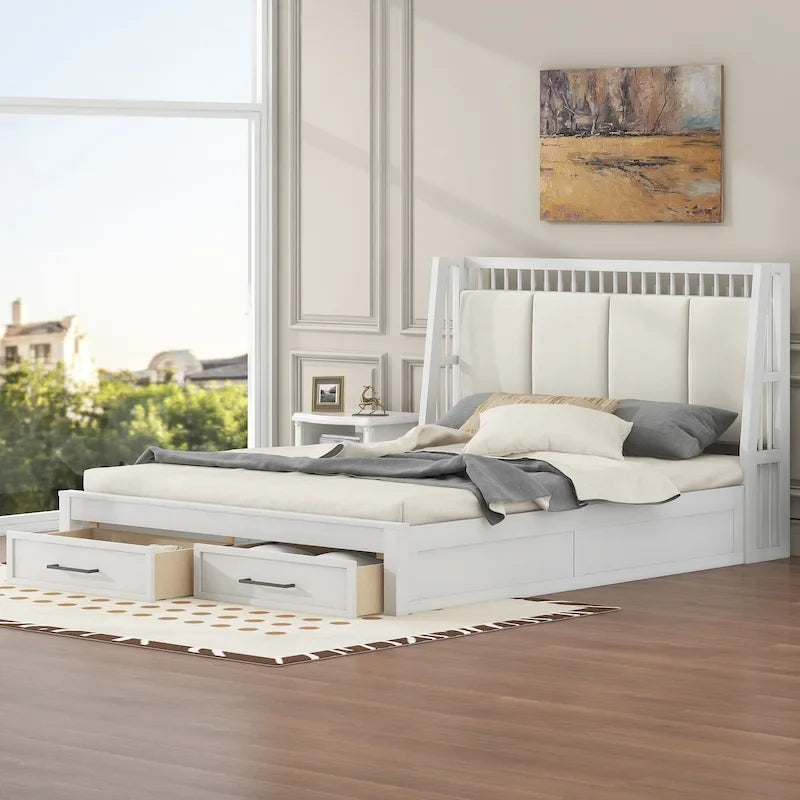 Lit plateforme en bois blanc Queen Size avec tête de lit capitonnée et 2 tiroirs