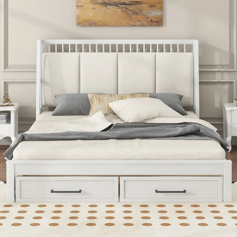 Lit plateforme en bois blanc Queen Size avec tête de lit capitonnée et 2 tiroirs