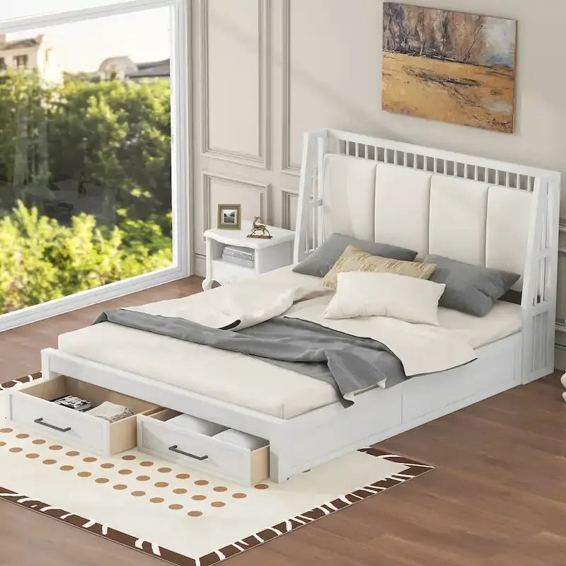 Lit plateforme en bois blanc Queen Size avec tête de lit capitonnée et 2 tiroirs