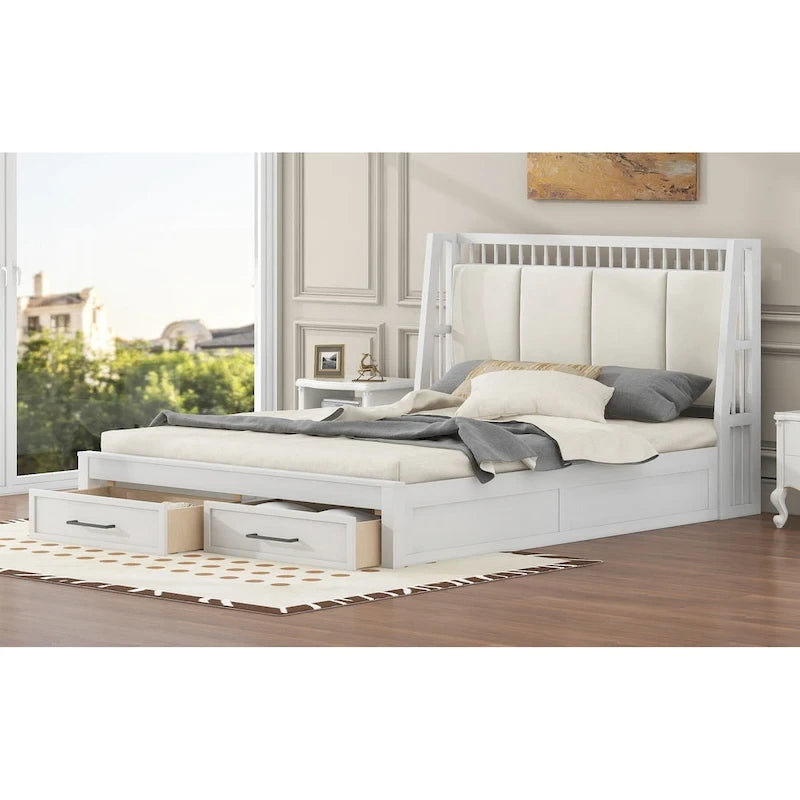 Lit plateforme en bois blanc Queen Size avec tête de lit capitonnée et 2 tiroirs