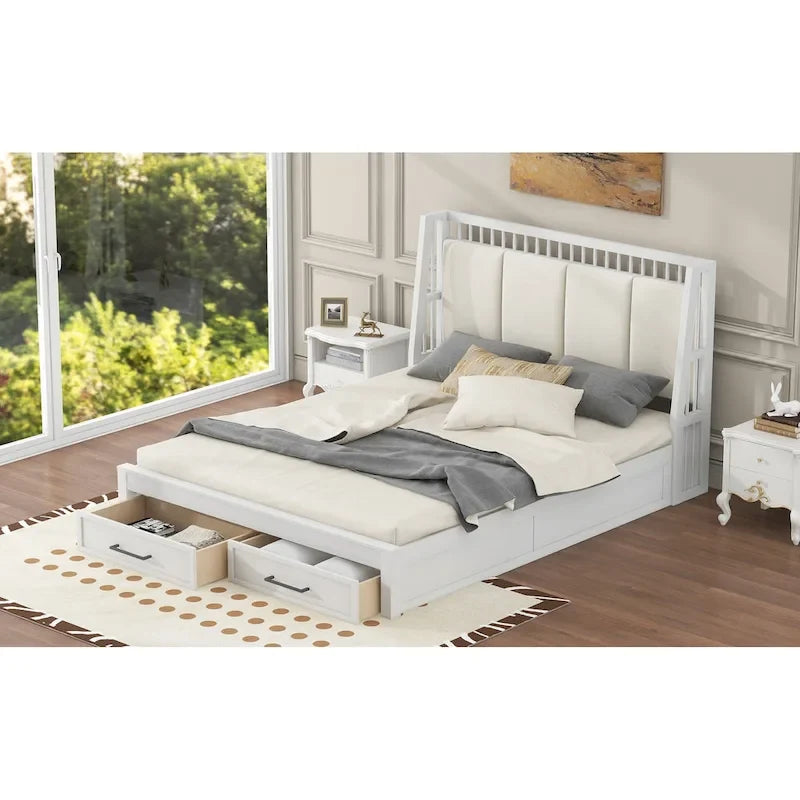 Lit plateforme en bois blanc Queen Size avec tête de lit capitonnée et 2 tiroirs