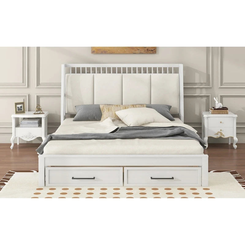 Lit plateforme en bois blanc Queen Size avec tête de lit capitonnée et 2 tiroirs
