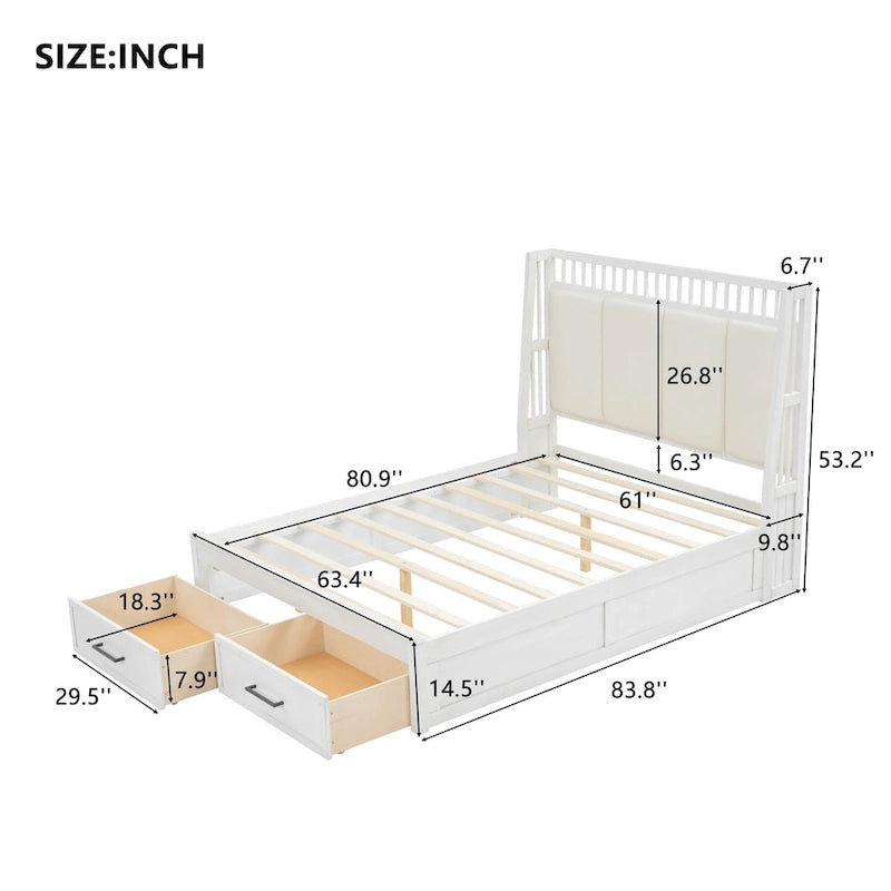 Lit plateforme en bois blanc Queen Size avec tête de lit capitonnée et 2 tiroirs