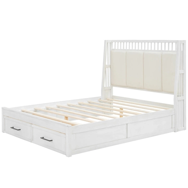 Lit plateforme en bois blanc Queen Size avec tête de lit capitonnée et 2 tiroirs