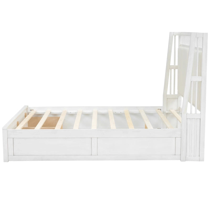 Lit plateforme en bois blanc Queen Size avec tête de lit capitonnée et 2 tiroirs