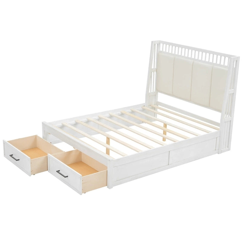 Lit plateforme en bois blanc Queen Size avec tête de lit capitonnée et 2 tiroirs