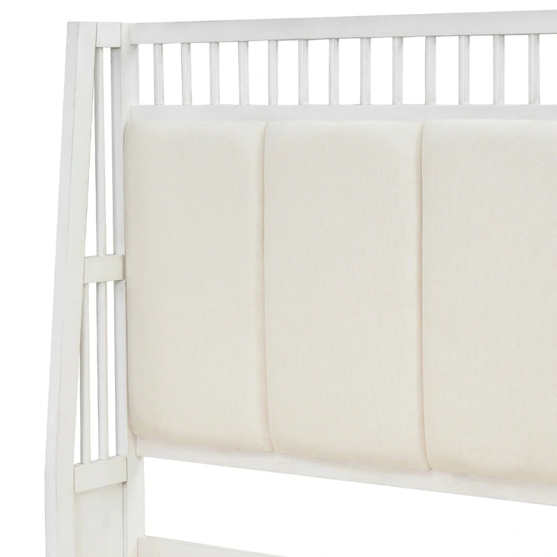 Lit plateforme en bois blanc Queen Size avec tête de lit capitonnée et 2 tiroirs