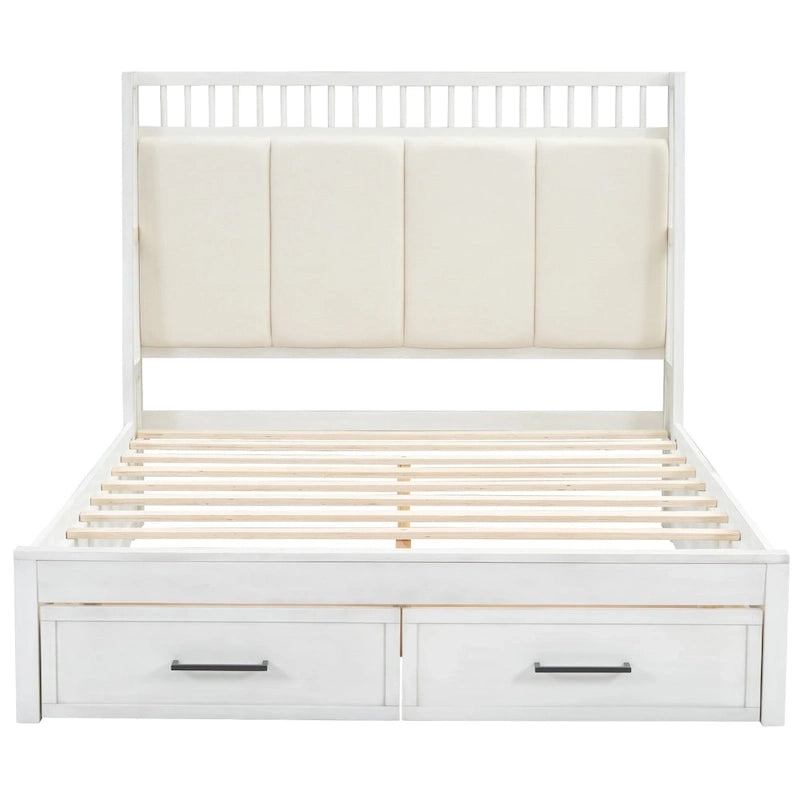 Lit plateforme en bois blanc Queen Size avec tête de lit capitonnée et 2 tiroirs