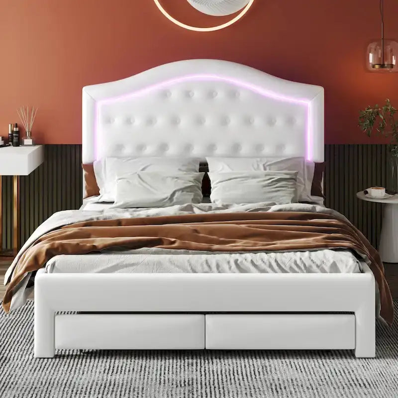 Lit double rembourré blanc avec tête de lit capitonnée, LED et 2 tiroirs