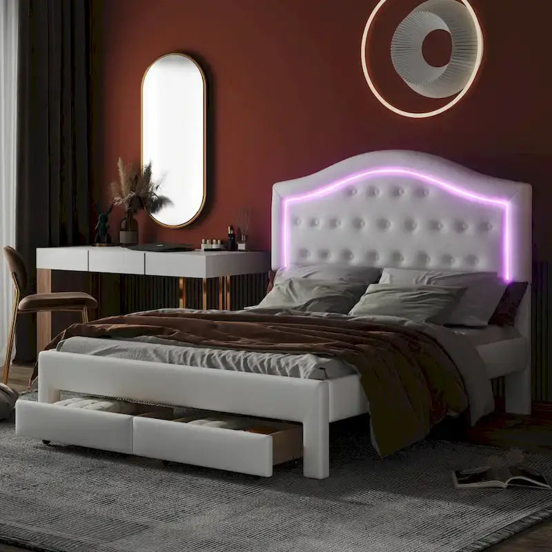 Lit double rembourré blanc avec tête de lit capitonnée, LED et 2 tiroirs