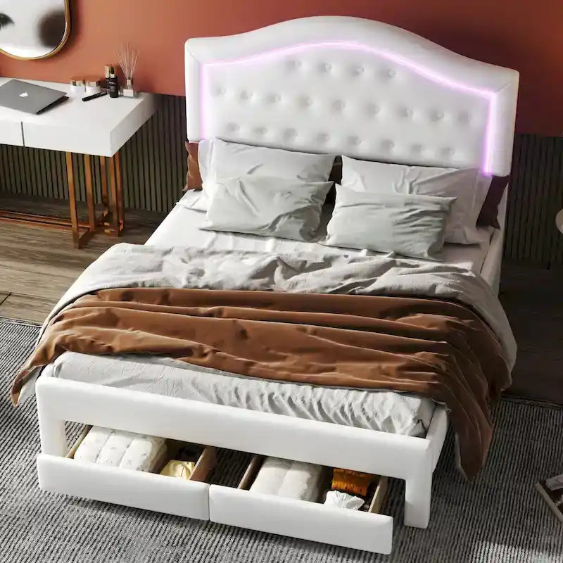 Lit double rembourré blanc avec tête de lit capitonnée, LED et 2 tiroirs