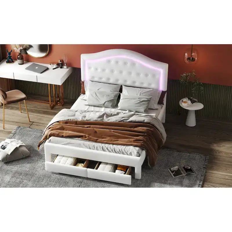 Lit double rembourré blanc avec tête de lit capitonnée, LED et 2 tiroirs