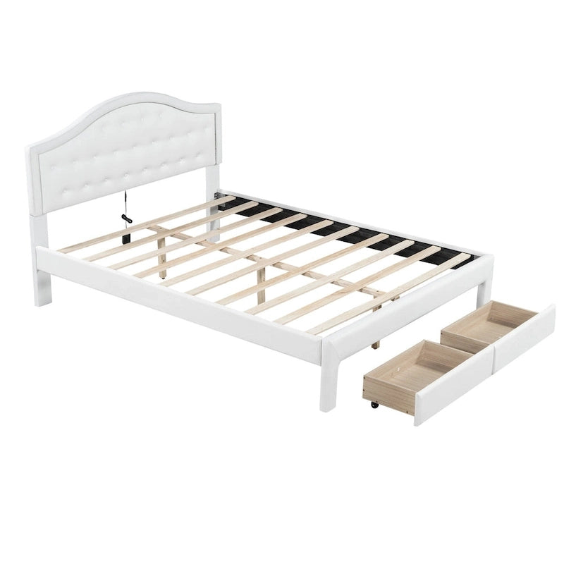 Lit double rembourré blanc avec tête de lit capitonnée, LED et 2 tiroirs