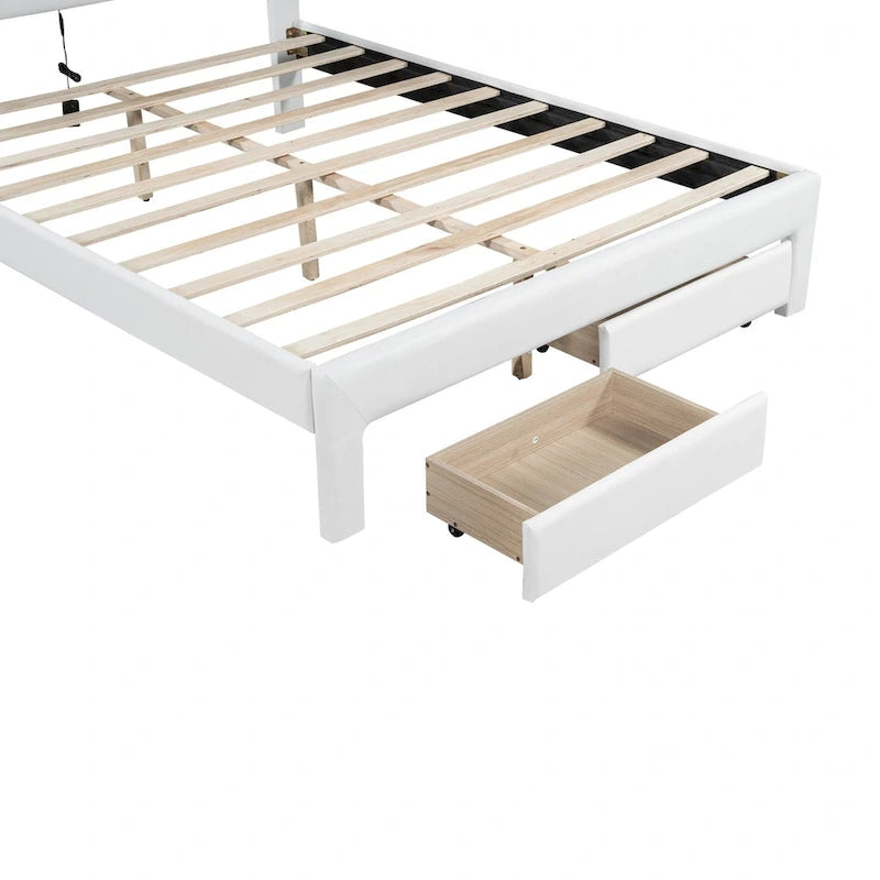 Lit double rembourré blanc avec tête de lit capitonnée, LED et 2 tiroirs