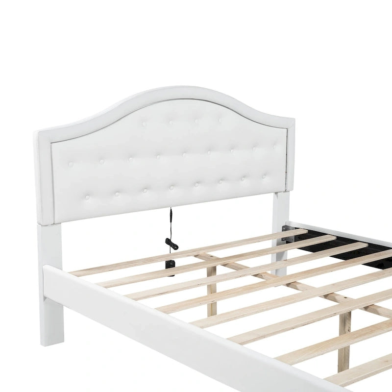 Lit double rembourré blanc avec tête de lit capitonnée, LED et 2 tiroirs