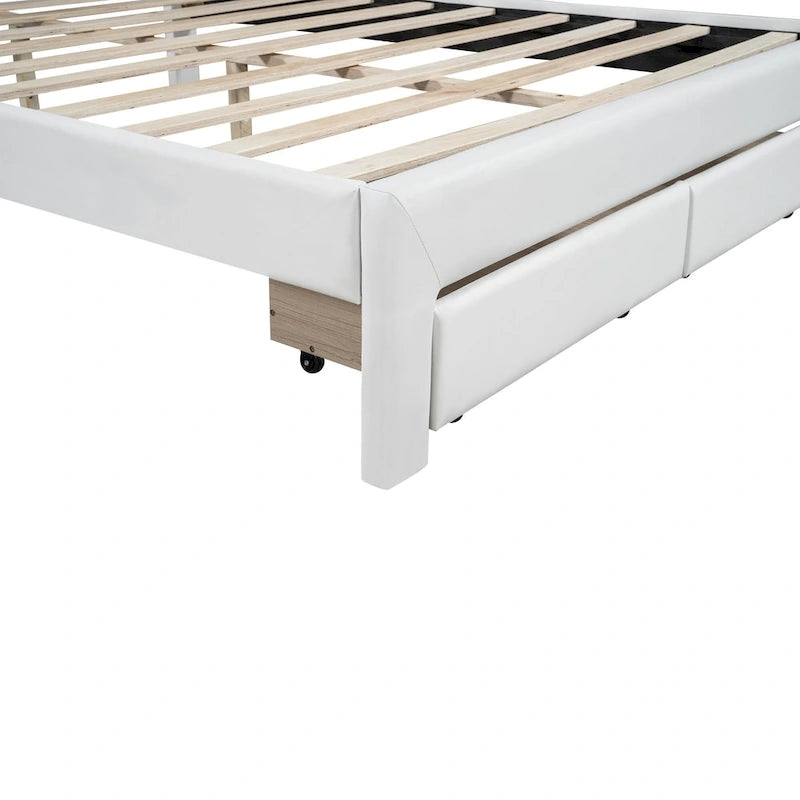Lit double rembourré blanc avec tête de lit capitonnée, LED et 2 tiroirs