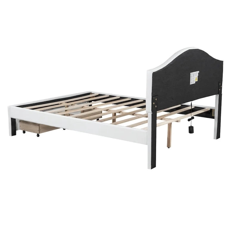 Lit double rembourré blanc avec tête de lit capitonnée, LED et 2 tiroirs