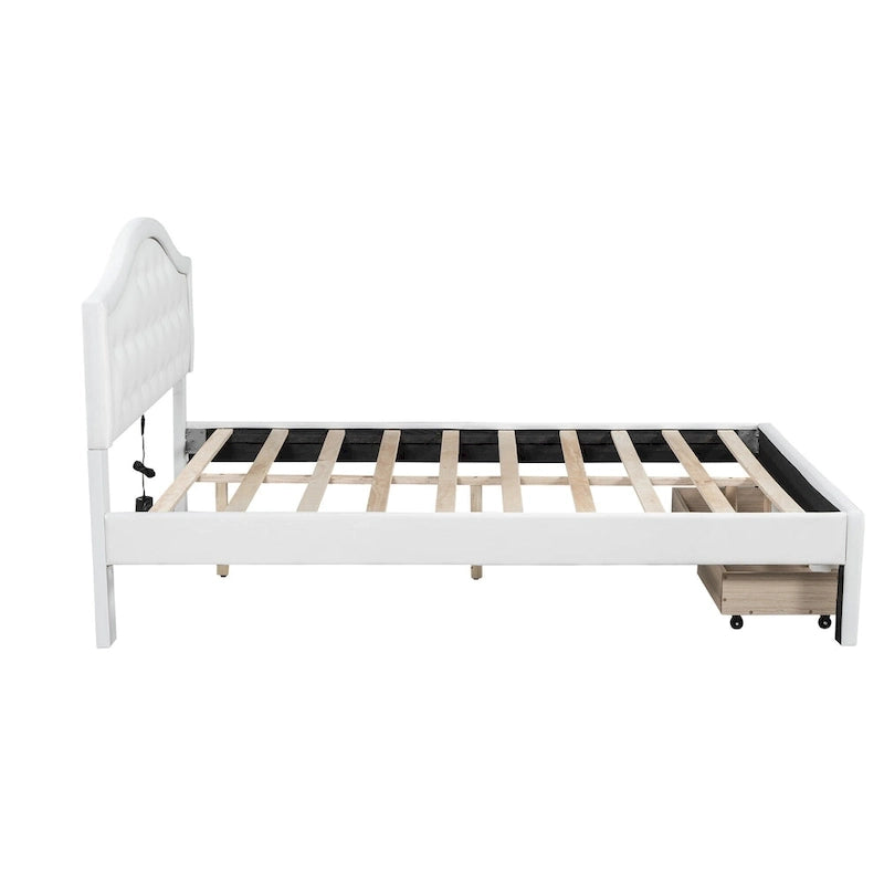 Lit double rembourré blanc avec tête de lit capitonnée, LED et 2 tiroirs