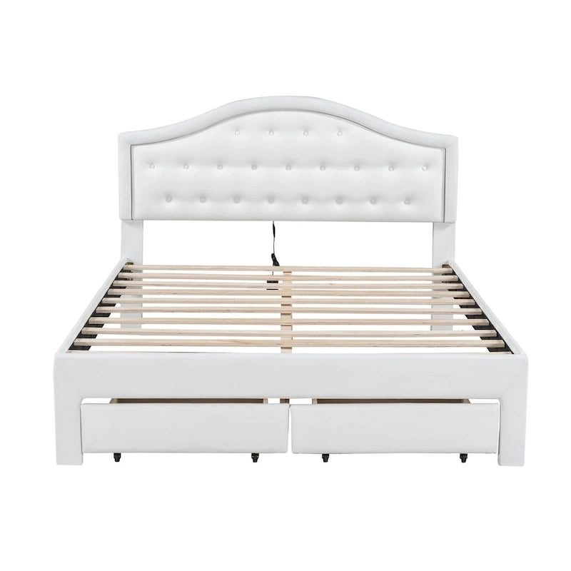 Lit double rembourré blanc avec tête de lit capitonnée, LED et 2 tiroirs