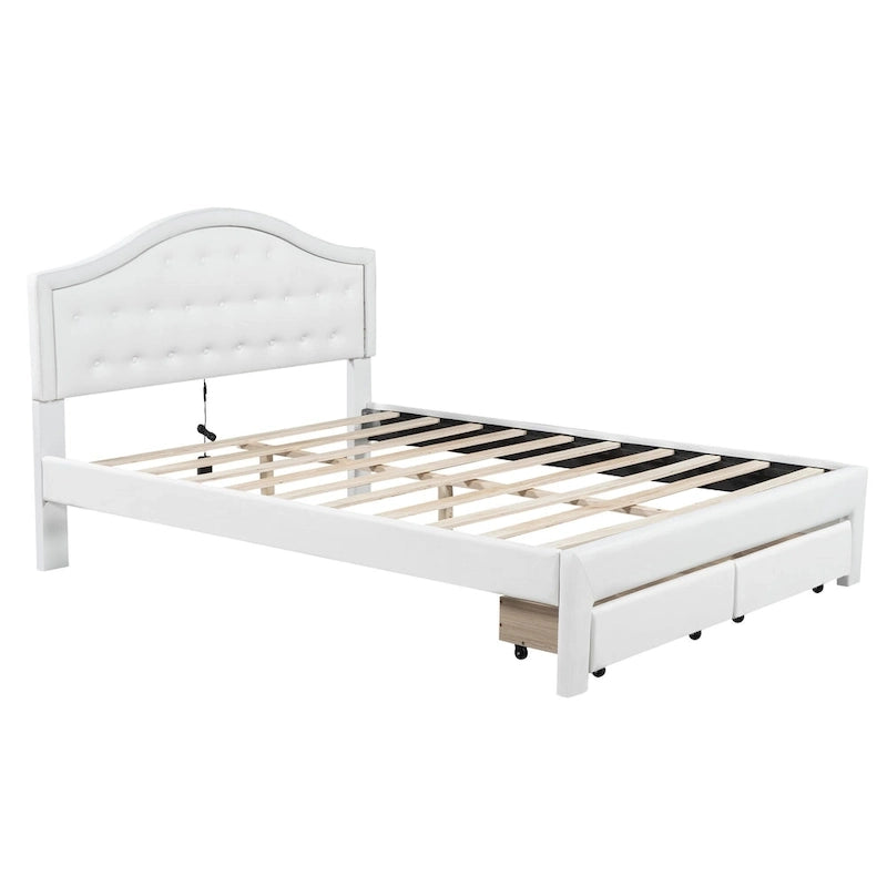 Lit double rembourré blanc avec tête de lit capitonnée, LED et 2 tiroirs