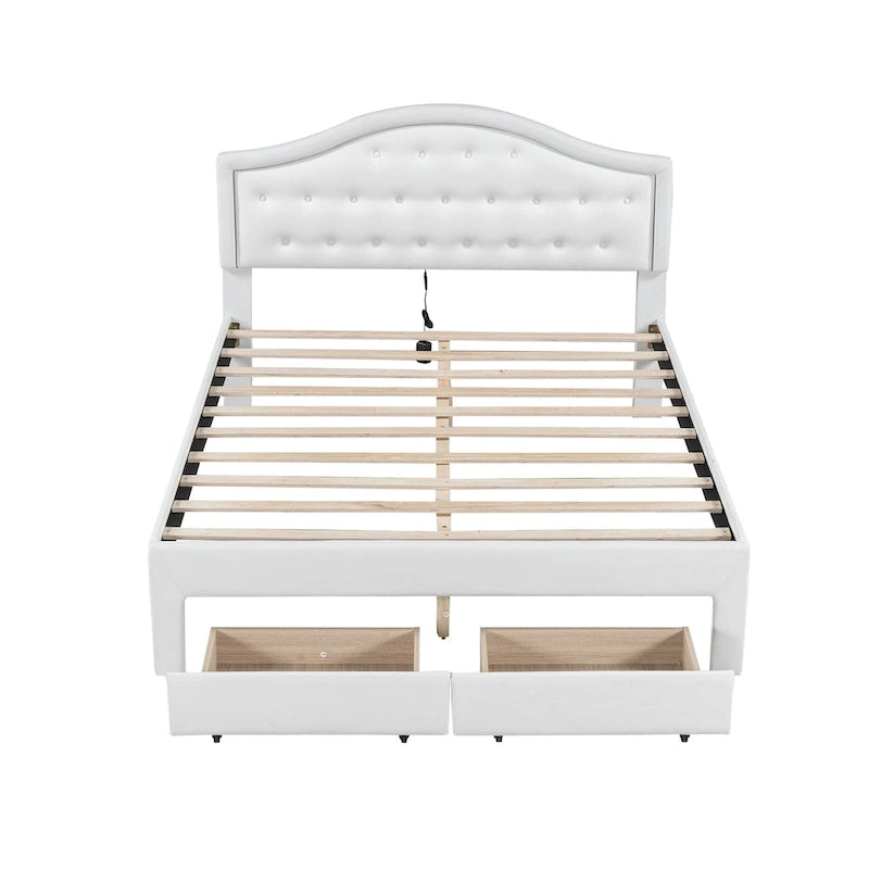 Lit double rembourré blanc avec tête de lit capitonnée, LED et 2 tiroirs