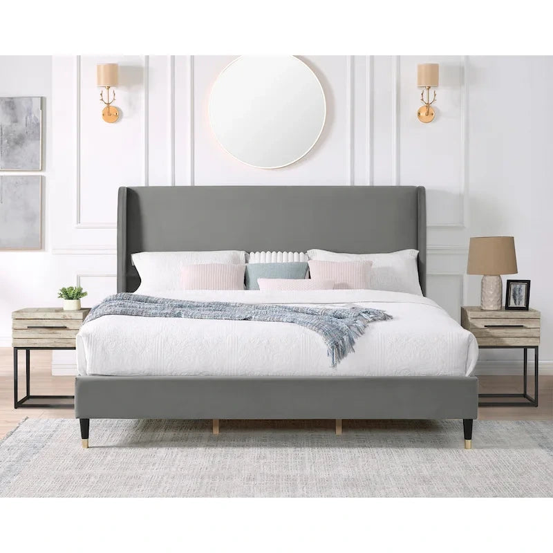 Lit plateforme gris king size de style moderne avec tête de lit en velours à dossier capitonné pour chambre à coucher