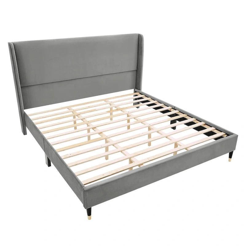 Lit plateforme gris king size de style moderne avec tête de lit en velours à dossier capitonné pour chambre à coucher