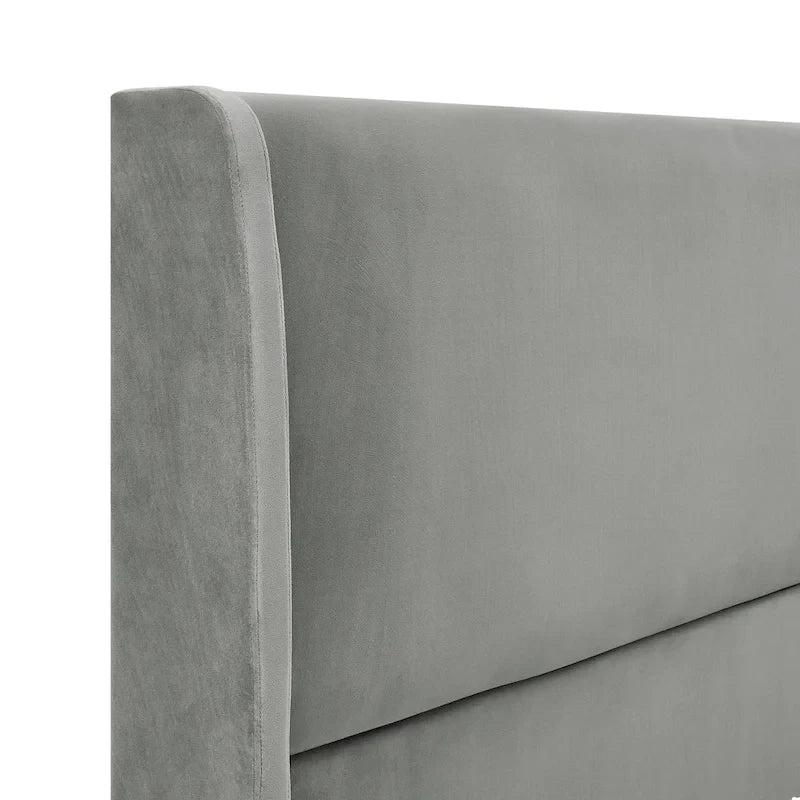 Lit plateforme gris king size de style moderne avec tête de lit en velours à dossier capitonné pour chambre à coucher