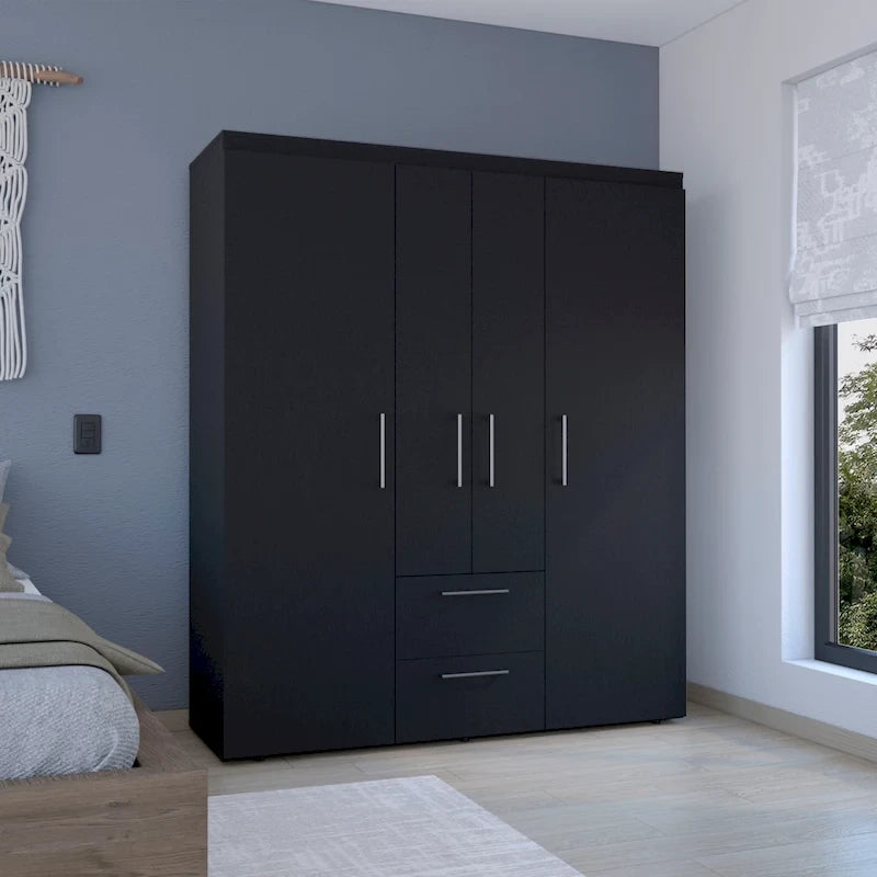 19.8 Armoire quatre portes moderne avec options de rangement multiples et accents métalliques
