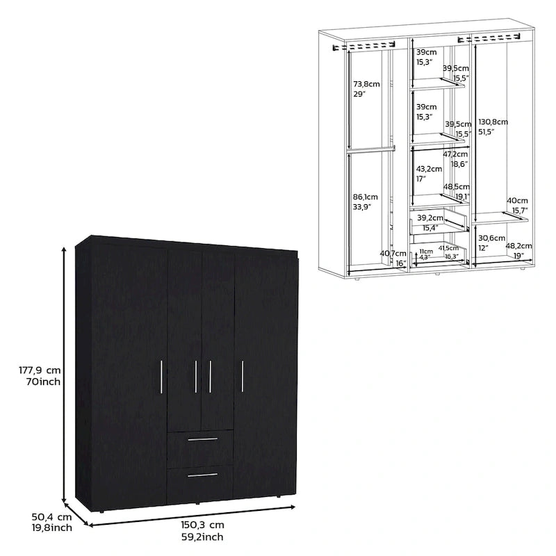 19.8 Armoire quatre portes moderne avec options de rangement multiples et accents métalliques