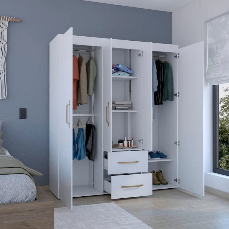 19.8 Armoire quatre portes moderne avec options de rangement multiples et accents métalliques