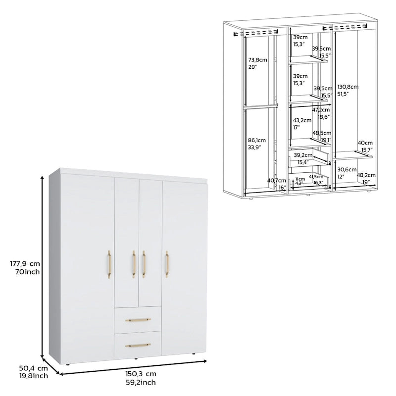 19.8 Armoire quatre portes moderne avec options de rangement multiples et accents métalliques