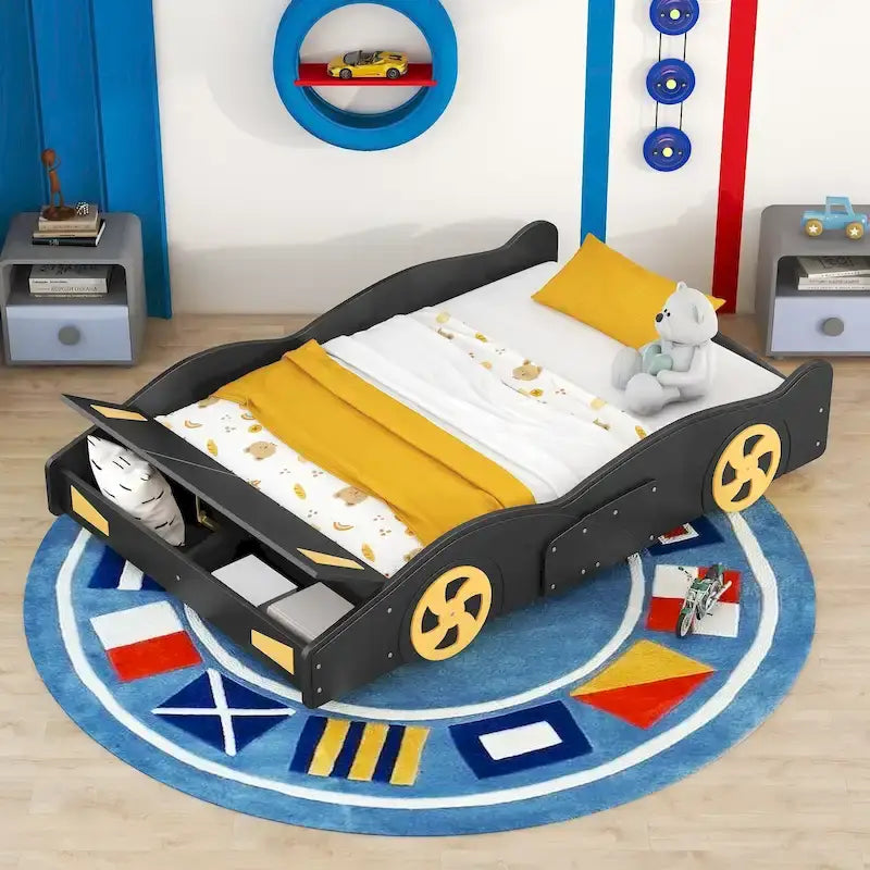 Lit voiture de course en pin avec roues et rangement