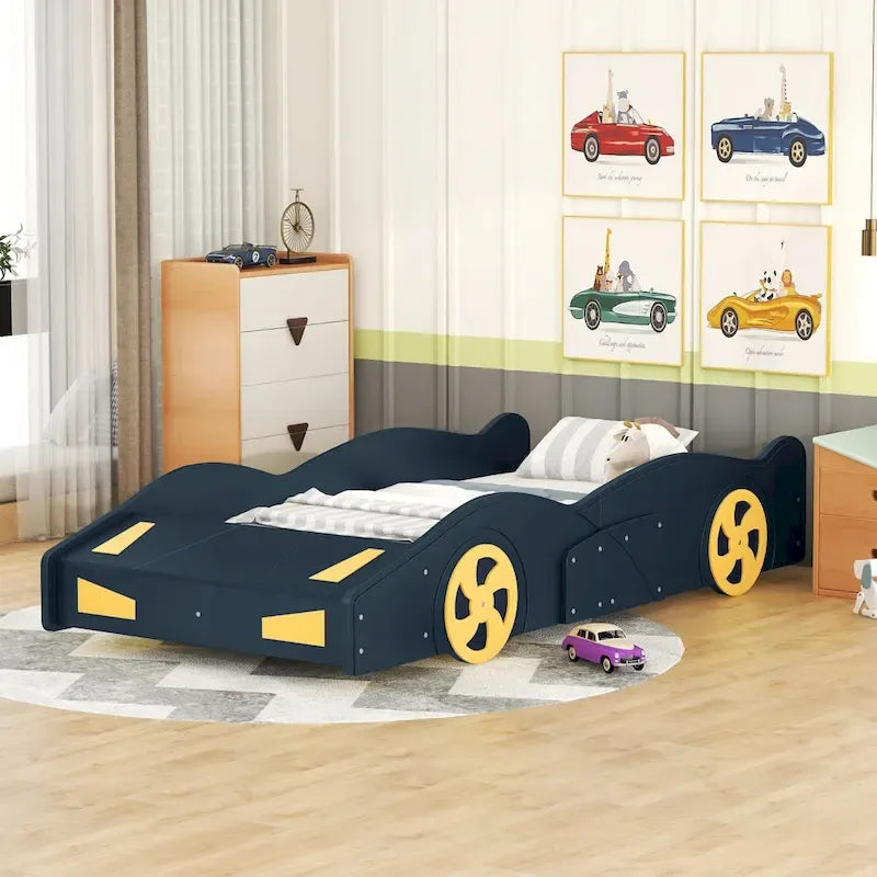 Lit voiture de course en pin avec roues et rangement