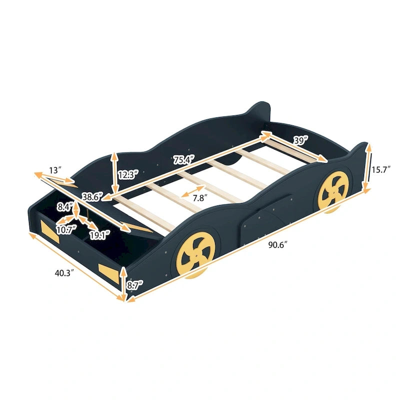 Lit voiture de course en pin avec roues et rangement