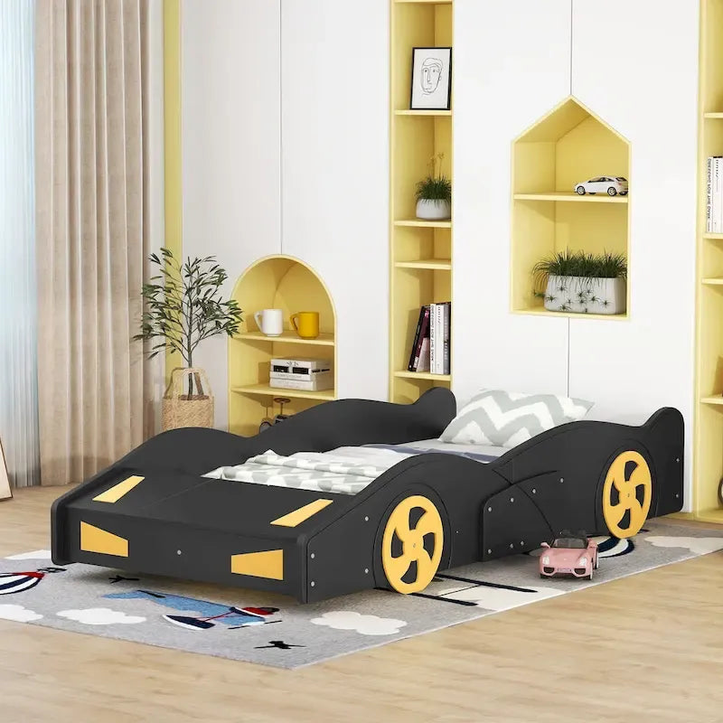Lit voiture de course en pin avec roues et rangement