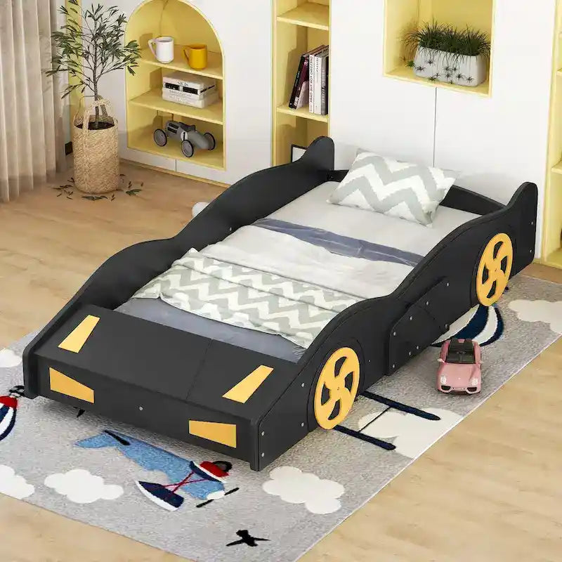 Lit voiture de course en pin avec roues et rangement