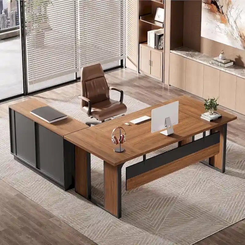 Table de bureau en L avec classeur de 120 cm, ensemble de meubles de bureau en bois pour la maison et le bureau