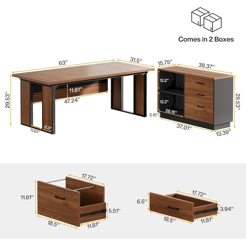 Table de bureau en L avec classeur de 120 cm, ensemble de meubles de bureau en bois pour la maison et le bureau