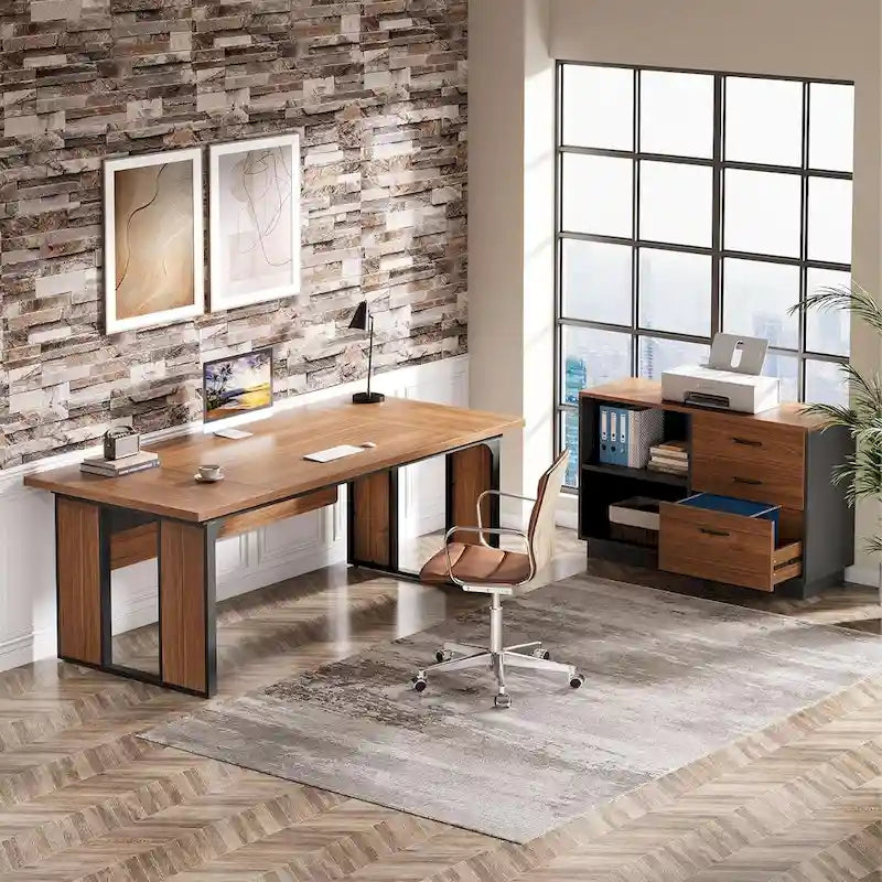 Table de bureau en L avec classeur de 120 cm, ensemble de meubles de bureau en bois pour la maison et le bureau