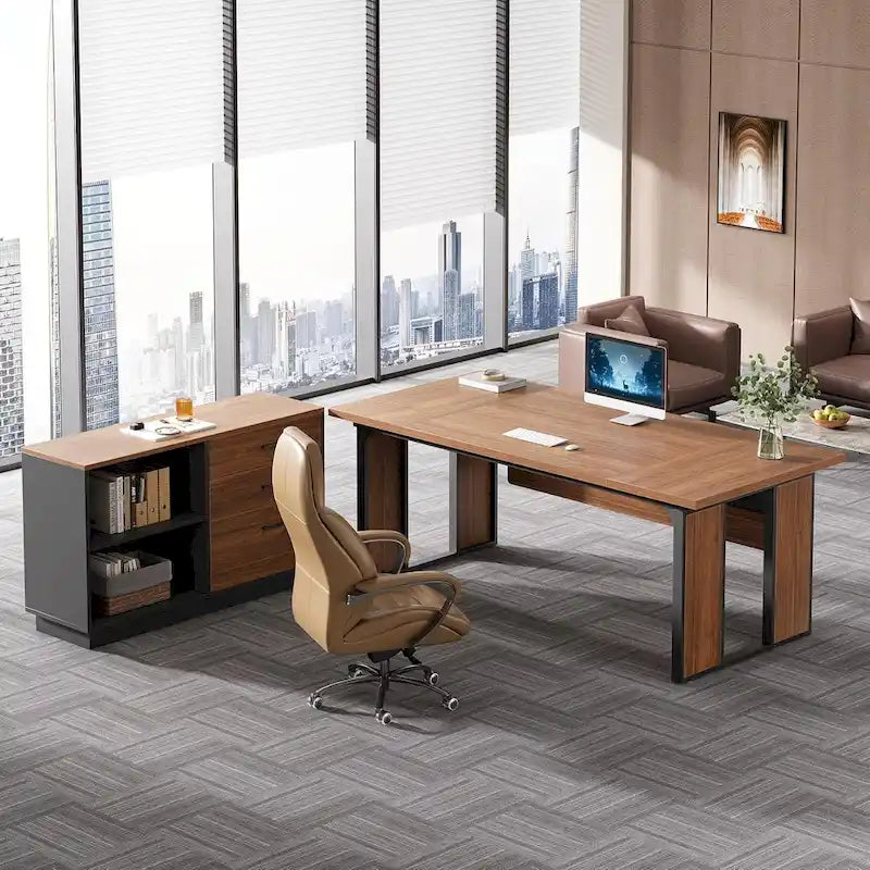 Table de bureau en L avec classeur de 120 cm, ensemble de meubles de bureau en bois pour la maison et le bureau