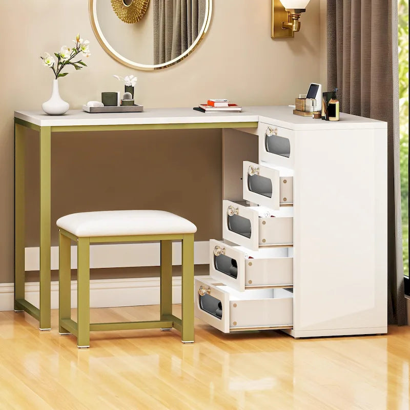 Ensemble de bureau de manucure en L Moasis 5 tiroirs avec tabouret rembourré et lumière DEL