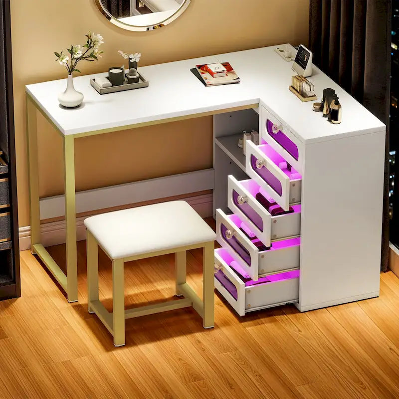 Ensemble de bureau de manucure en L Moasis 5 tiroirs avec tabouret rembourré et lumière DEL