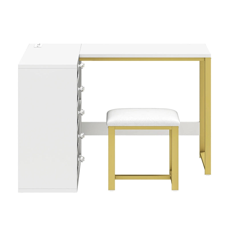 Ensemble de bureau de manucure en L Moasis 5 tiroirs avec tabouret rembourré et lumière DEL