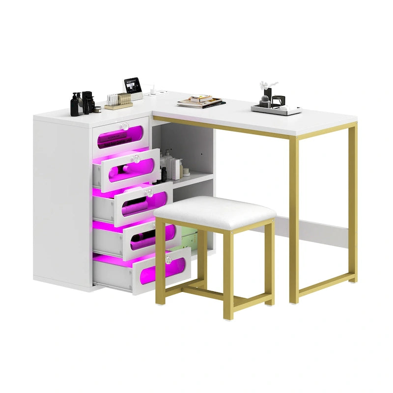 Ensemble de bureau de manucure en L Moasis 5 tiroirs avec tabouret rembourré et lumière DEL