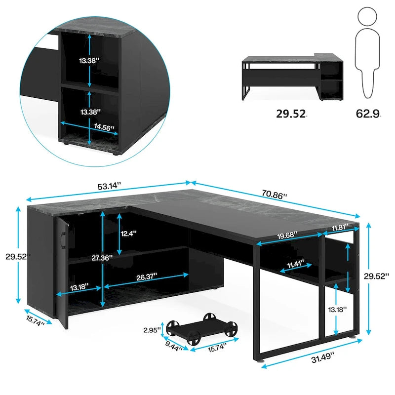 Bureau de direction de 180 cm, bureau en L avec armoire et étagères pour bureau à domicile