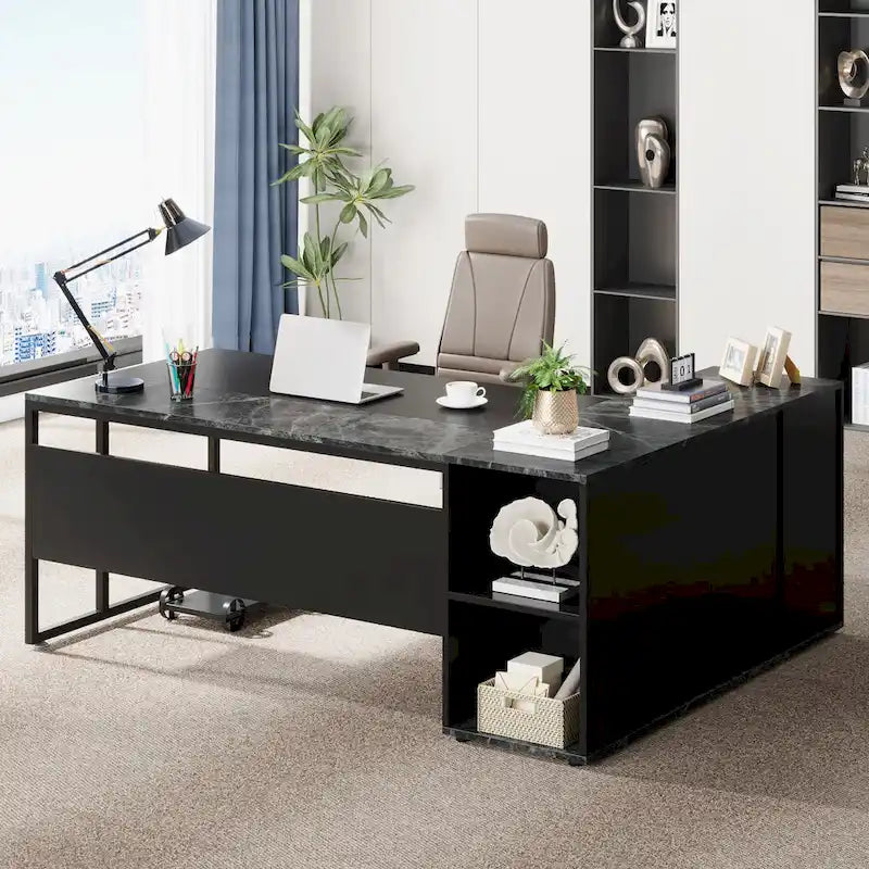 Bureau de direction de 180 cm, bureau en L avec armoire et étagères pour bureau à domicile