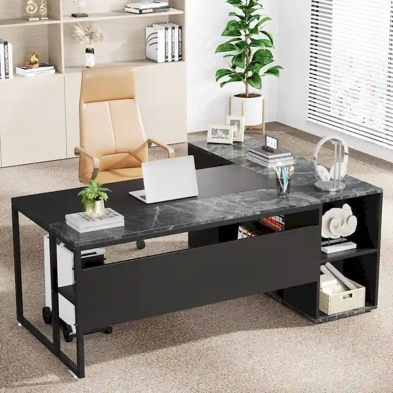 Bureau de direction de 180 cm, bureau en L avec armoire et étagères pour bureau à domicile